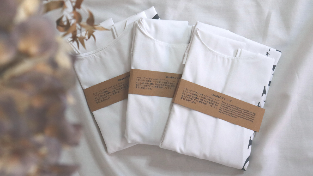 [3-piece set] Sustainable Shoulder Eco Bag, 100% recycled textile, white, Återbruk 